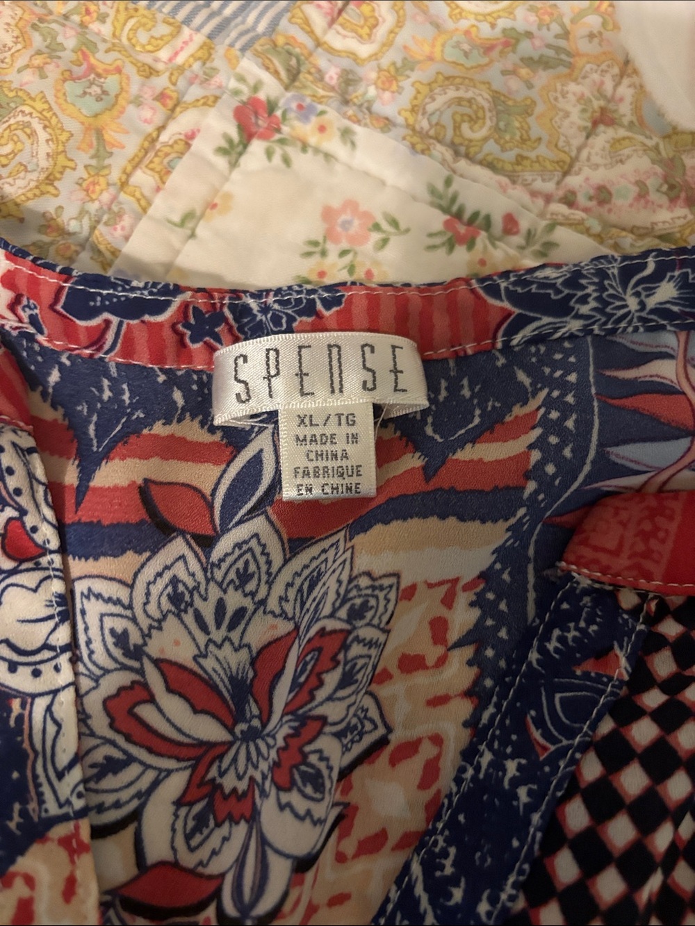 Spense Patchwork Floral Button-Front Tank Top in Navy and Coral - Picture 2 of 5